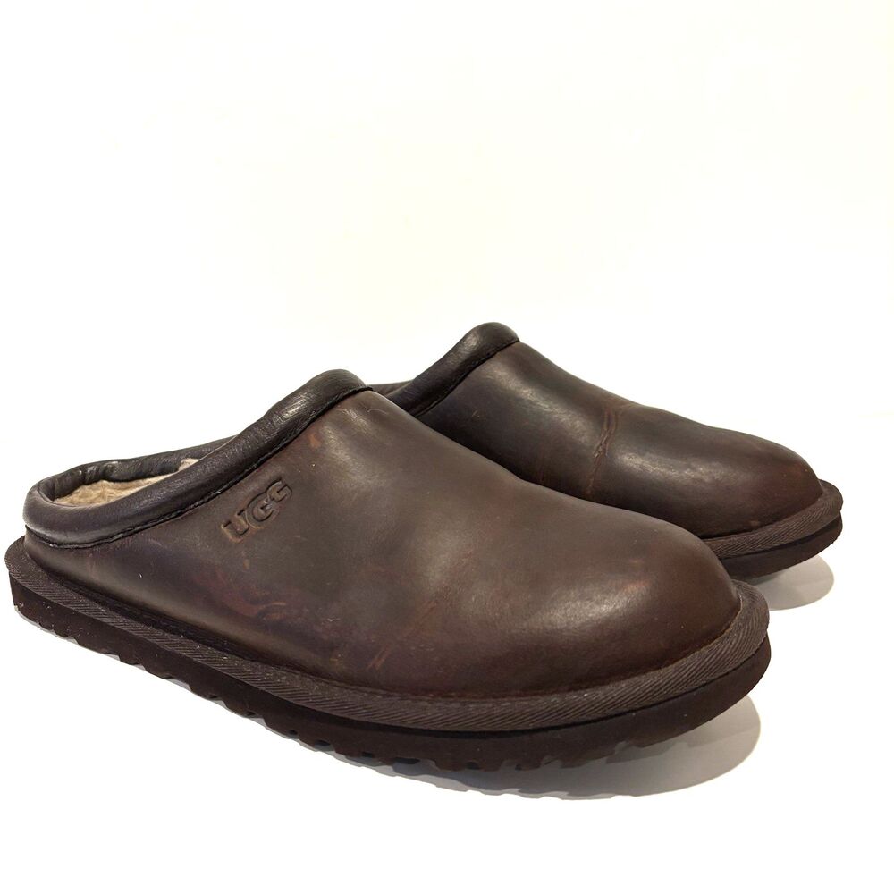 Ugg Classic Clog Men Size 9 Brown Leather Uggpure Shearling Lined Mules 1011413
